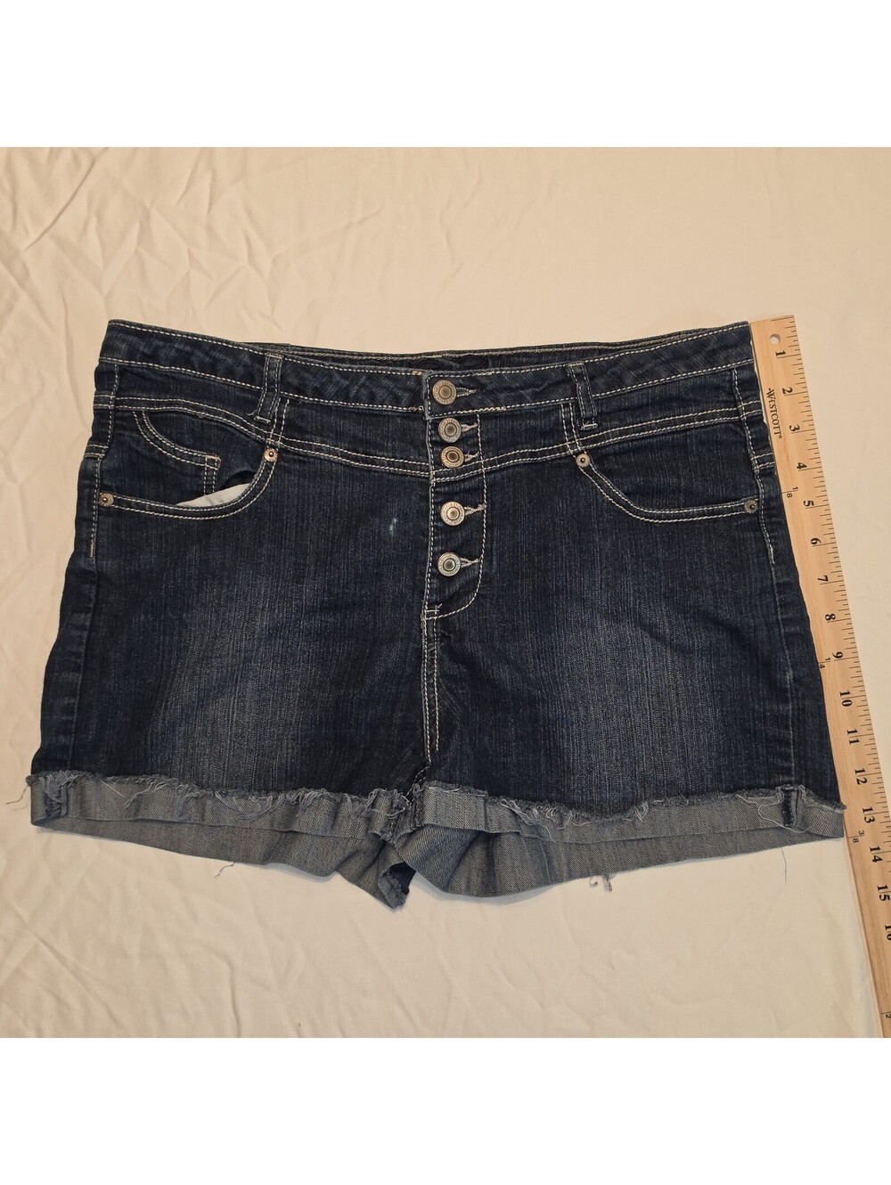 Rue21 Y2K Dark Wash Denim Shorts Button Fly Embroidered Pockets Size 13/14